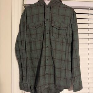 Quiksilver Mens Green Plaid Hooded Flannel Shirt Regular Fit Large L Button Up